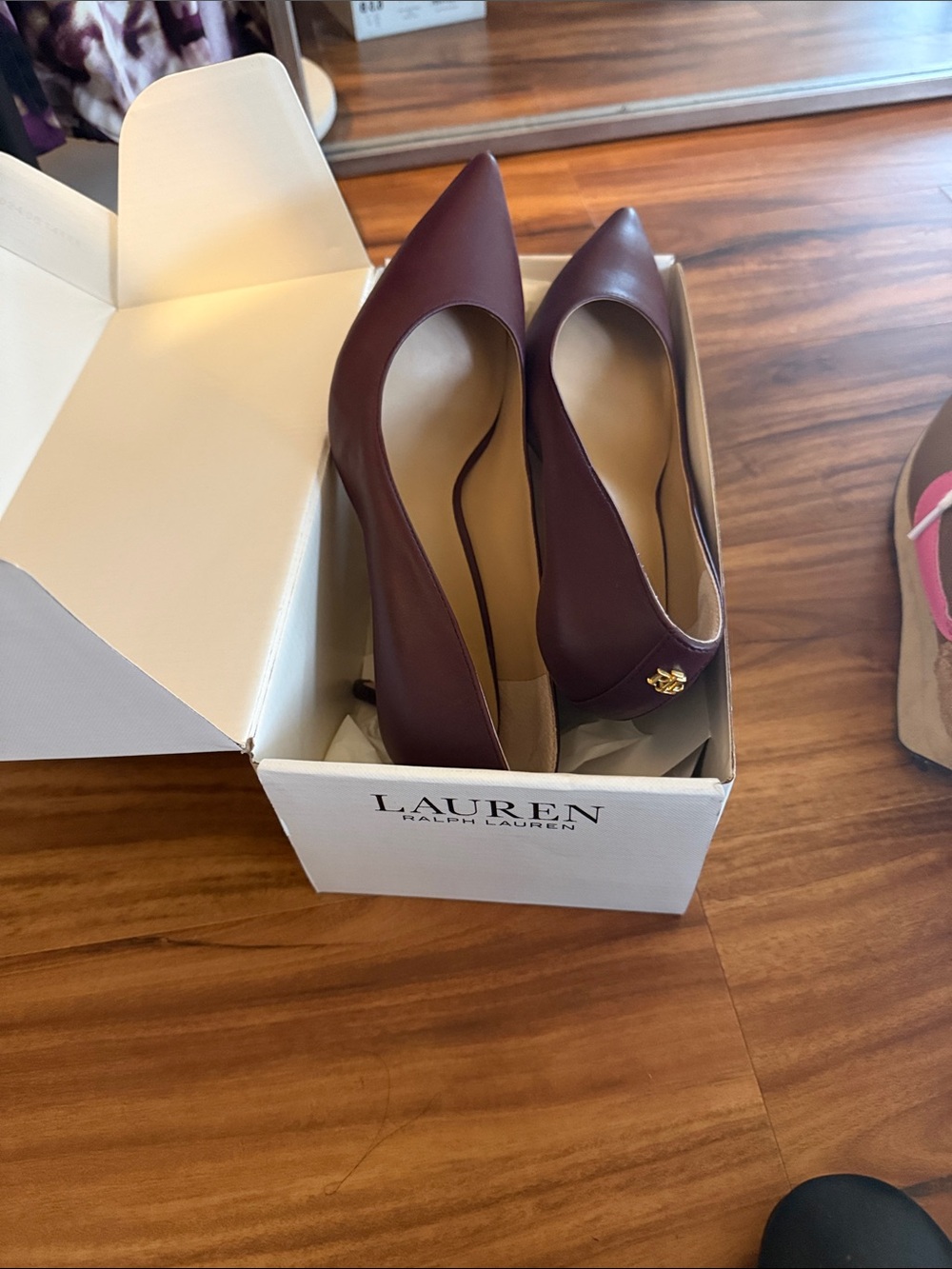 Lauren Ralph Lauren Burgundy Pointed Toe Leather Pumps with Gold Logo